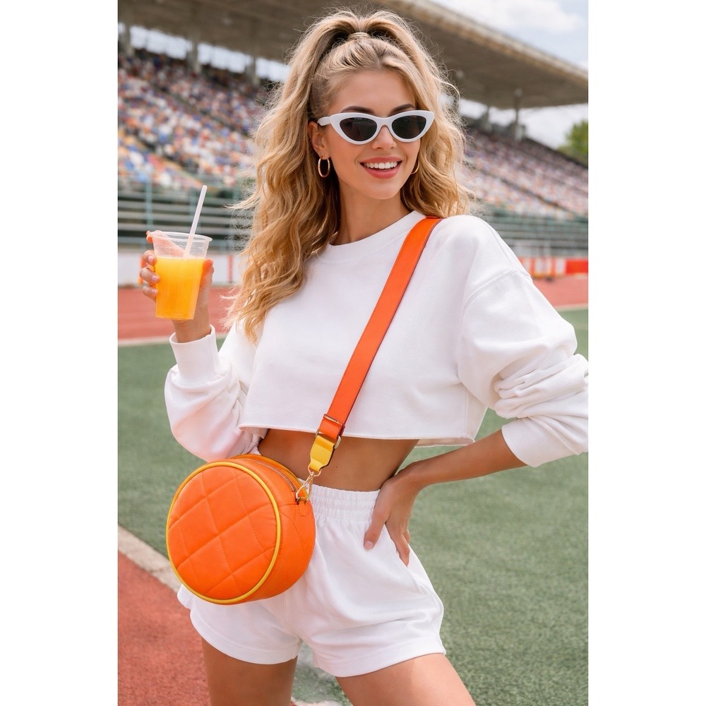 TESSIE Orange Quilted Round Crossbody Bag Yellow Trim Gold Hardware Adj Straps